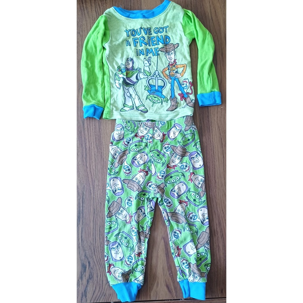 Disney Pixar Toy Story 2 pc Pajama Set Kids 2T Green Blue Woody Buzz Snug Fit